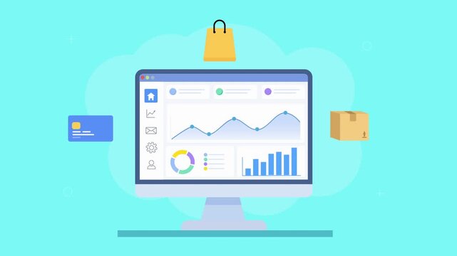Flat vector animation of a desktop analytics dashboard with charts, shopping bag, wallet, and payment icons. Concept of ecommerce tracking, online sales, and digital transactions.