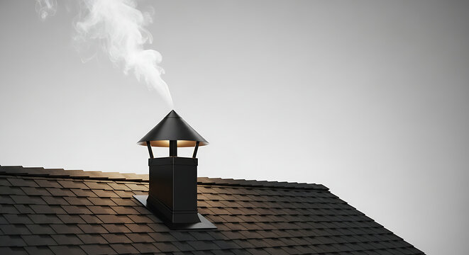 Close-up of a black metal chimney on a dark shingle roof with white smoke billowing against a bright sky, suggesting home heating or industrial output