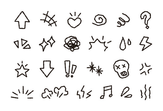 Hand-drawn doodle icon set of emotional symbols and graphic effects. Black ink style illustrations of hearts, stars, arrows, and speech bubbles isolated on white background.