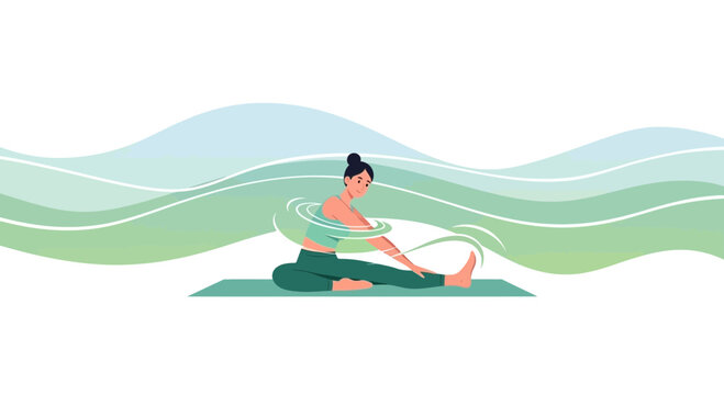 Woman practicing yoga Janu Sirsasana pose on mat with flowing green waves background