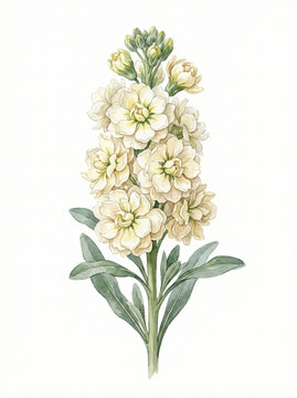 Cream matthiola stock flower watercolor hand painted botanical illustration isolated on white background