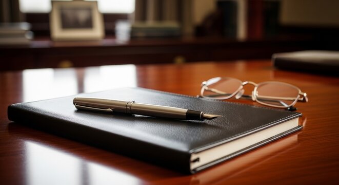Black leather bound notepad with pen and glasses