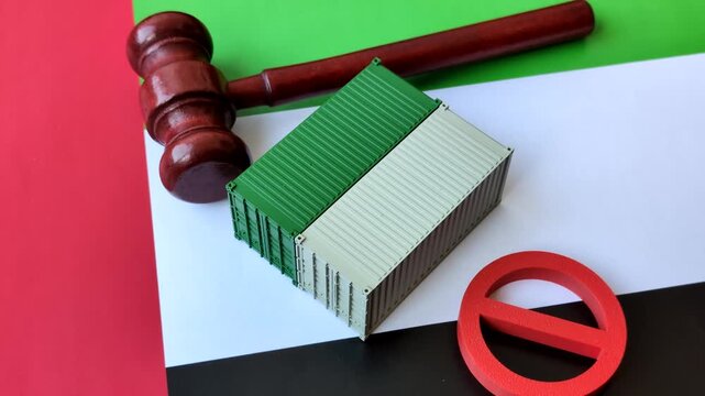 The cargo container ban on the UAE flag as a conceptual backdrop for the export and logistics of goods. The cargo container embargo on the UAE flag as a backdrop for your design