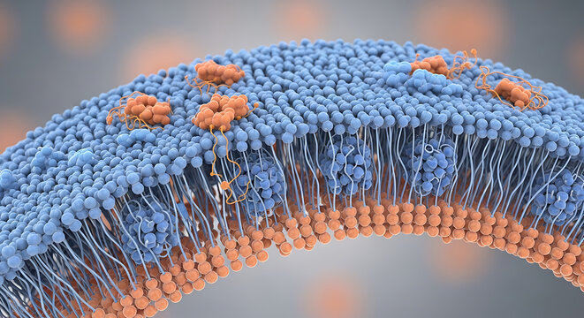 Detailed 3D illustration of a biological membrane with proteins and phospholipids