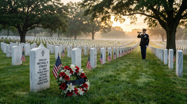 Memorial Day , Sergeant Michael P. O'Brien Gravestone at Arlington National Cemetery with American Flag, Memorial Day Wreath, and Soldier Playing Taps Bugle at Sunrise