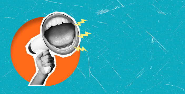 Art collage featuring a megaphone and an open mouth promoting communication and expression in a vibrant setting with dynamic elements