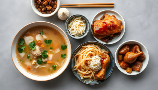 filipino dinner with sinigang, lechon kawali, and chicken adobo top down composition, minimalism. White tone