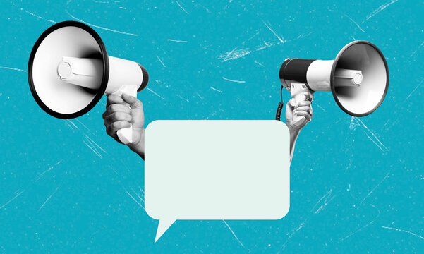 Art collage featuring megaphones against a blue background displaying a blank speech bubble for modern communication themes
