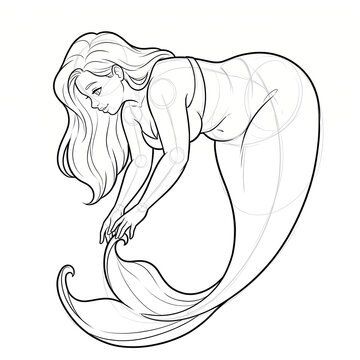 Hand drawn technical line art of a plus size curvy mermaid bending to reach her tail fin isolated on white.