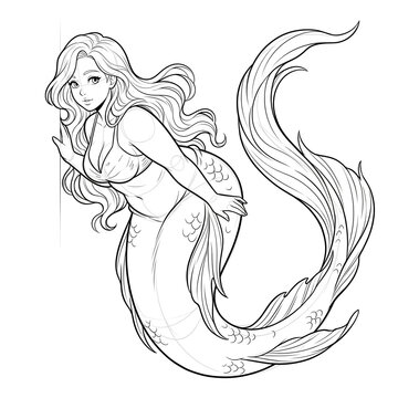 Hand drawn technical line art of a plus size curvy mermaid peeking forward leaning in isolated on white.