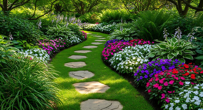 Beautiful Lush Garden Pathway Lined with Colorful Flowers and Greenery