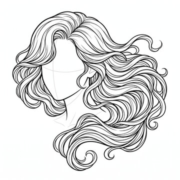 Hand drawn technical line art of wavy side part mermaid hair 3/4 view builder stamp.