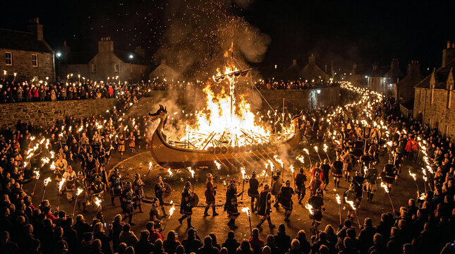 Up Helly Aa Scotland, Viking fire festival, massive burning galley ship, torchlit procession, dramatic night shot, high contrast action
