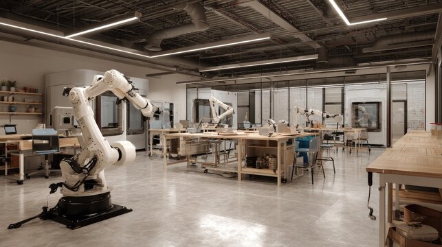 Robotic arms in a modern laboratory setting working with technology