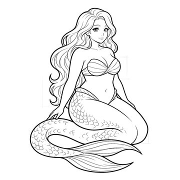 Hand drawn technical line art of a plus size curvy mermaid sitting back on her folded tail isolated on white.