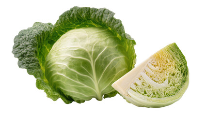 Fototapeta premium Fresh Savoy Cabbage Head and Cut Portion with Textured Leaves