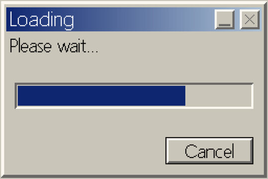 Retro computer interface loading window with progress bar and cancel button. Pixel style desktop dialog with please wait message. Classic operating system inspired interface element.