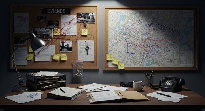 Detective's Investigation Board and Desk with Case Files