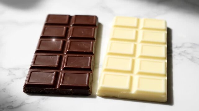 Two bars of molded chocolate, dark and white, sit on a marbled surface