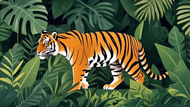 Stylized illustration of a tiger walking through dense jungle