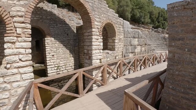 Ancient Byzantine stone ruins, walls and brick arches at historic archaeological site of Butrint National Park in Albania.
