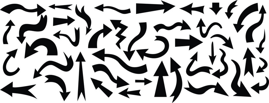 lack arrow silhouette set with curved, wavy, zigzag & directional styles. Versatile trendy icon collection perfect for UI, infographic & branding.