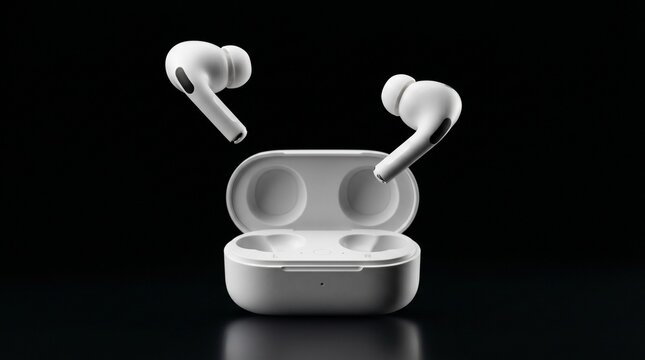 White True Wireless Earbuds Floating Above Open Charging Case on Black Background Studio Product Shot