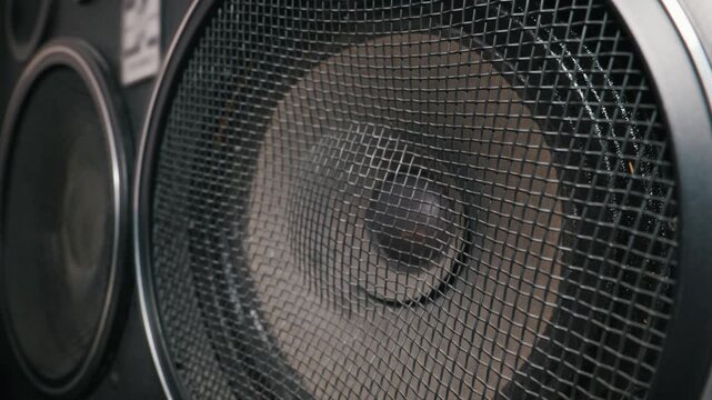 A close-up view of a large audio speaker driver behind a protective black wire mesh screen. The metallic rim and textured cone create a vintage aesthetic with deep shadows.