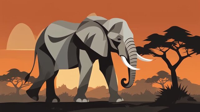 Stylized Animated Elephant Walking in Savanna at Sunset