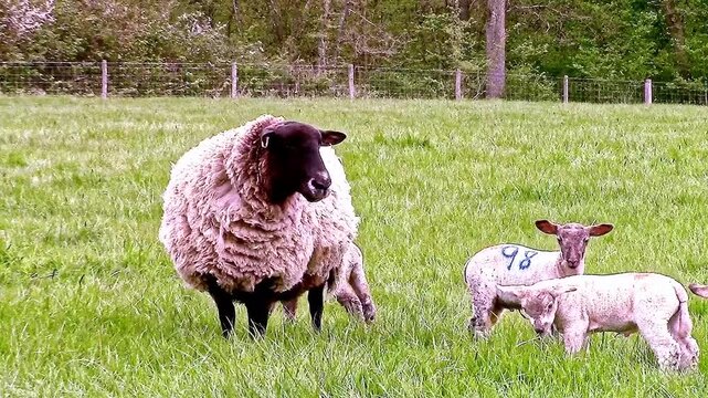 A ewe and lambs in a field in the United Kingdom