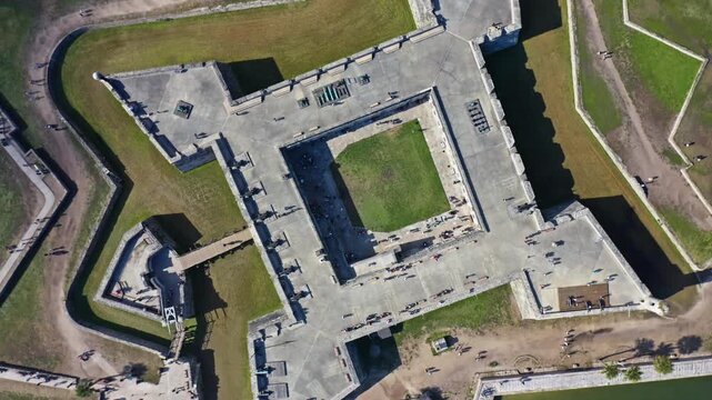 Star-shaped fort in St. Augustine captured from above, highlighting its unique design and surrounding moat. Suitable for history features or educational content.