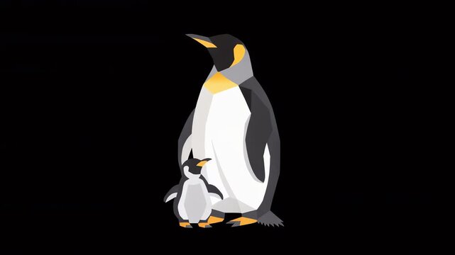 Animated Emperor Penguin and Chick Flat Geometric Style