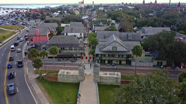 Aerial footage captures busy streets and historic architecture in St. Augustine, Florida. Ideal for urban studies or travel content.