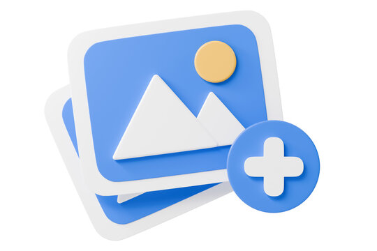 3d add image icon. photo upload concept. minimal cartoon picture gallery plus button for ui web app media design. isolated on white transparent background. 3d render.