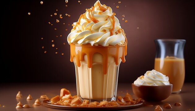 butterscotch ice cream shake butterscotch ice cream milk shake creamy butterscotch milkshake butterscotch shake topped with whipped cream ai generative hyper realistic photorealism