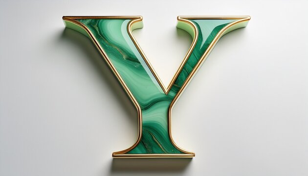 elegant green jade letter y with gold trim on white background