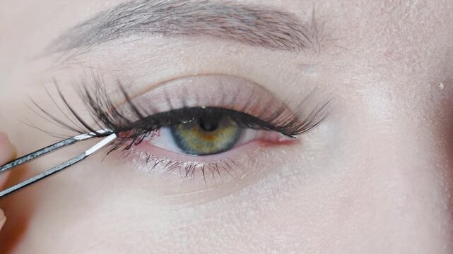 Woman puts on a false eyelashes. Young caucasian girl with green eyes, 