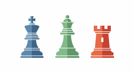 A blue king, red rook, and green bishop chess pieces are arranged in a row against a white backdrop. © Sheraz