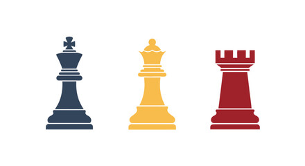 A blue king, a yellow queen, and a red rook chess piece are displayed in profile. © Sheraz