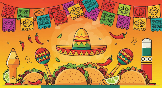 Vibrant Mexican Fiesta, Colorful Sombrero, Tacos and Papel Picado Banner, Traditional Latin American Celebration