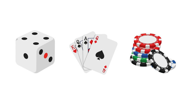 A casino dice, a fan of playing cards, and a stack of poker chips are arranged together.