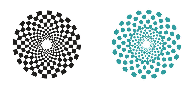 Circle checker frames. Round chess borders.Vignettes with race or chessboard pattern. Vector retro groovy illustratio.