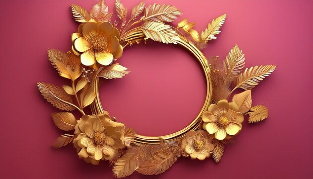 golden flowers circle photo frame golden flower wreath golden flower wreath pink background