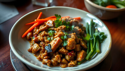 Fototapeta premium Spicy minced pork, Local thai food, mindfulness theme. White tone