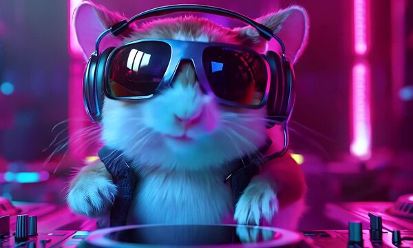 A hamster DJ wearing sunglasses and headphones spins records in a vibrant nightclub.