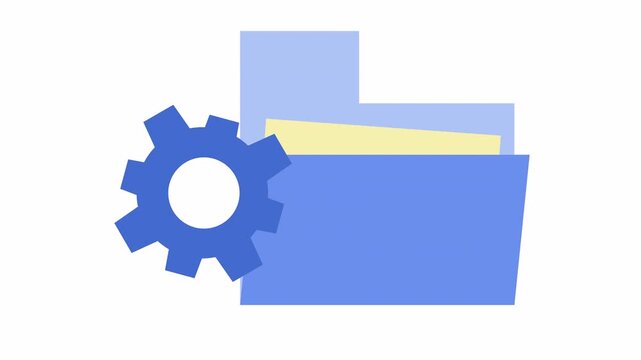 Blue file folder icon with gear wheel for system configuration in the alpha channel. Flat design data management automation and folder setting in a cartoon animation for directory processing symbol.
