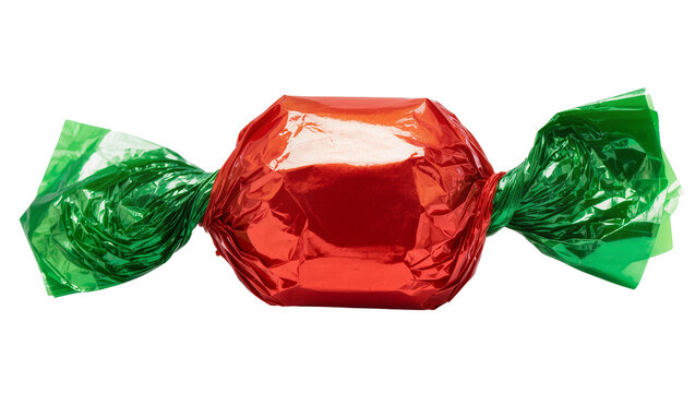 Red foil wrapped candy with green plastic twist tie