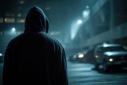A hooded figure stands alone in a dimly lit urban parking lot at night, with cars and building lights in the background.