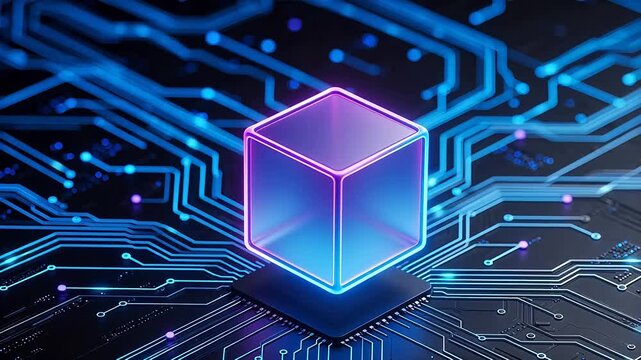 Neon cube on circuit board