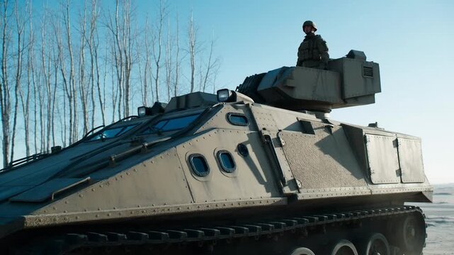 A military armored vehicle moves through an open field under a clear blue sky. A soldier sits atop the turret, surveying the surroundings as bare trees line the distant horizon.